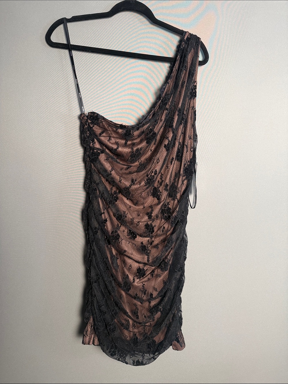 BCBG One-Shoulder Black Lace Overlay Dress on Brown Base